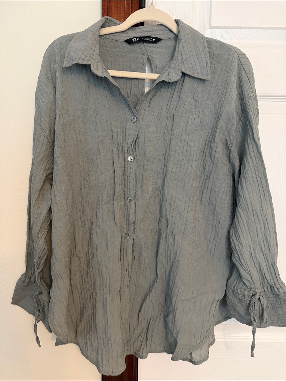 Zara Sage Green Crinkle Button-Down Shirt